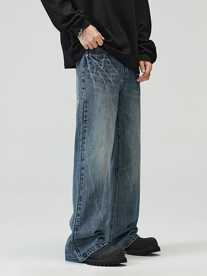 Herrjeans Micro-Flared Straight Leg Streetwear American Vibe Vintageblå Svart för Herr 2026