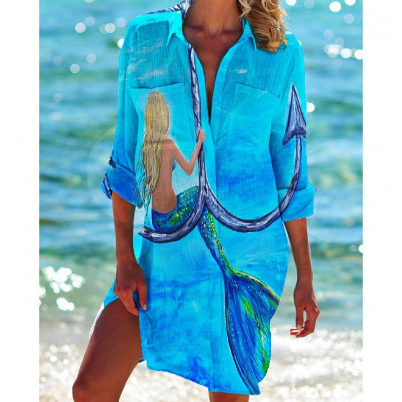 New Foreign Trade Cross-Border Model, Long-Sleeved Swimsuit Shirt, Women's Clothing, Printed Vacation Beachwear