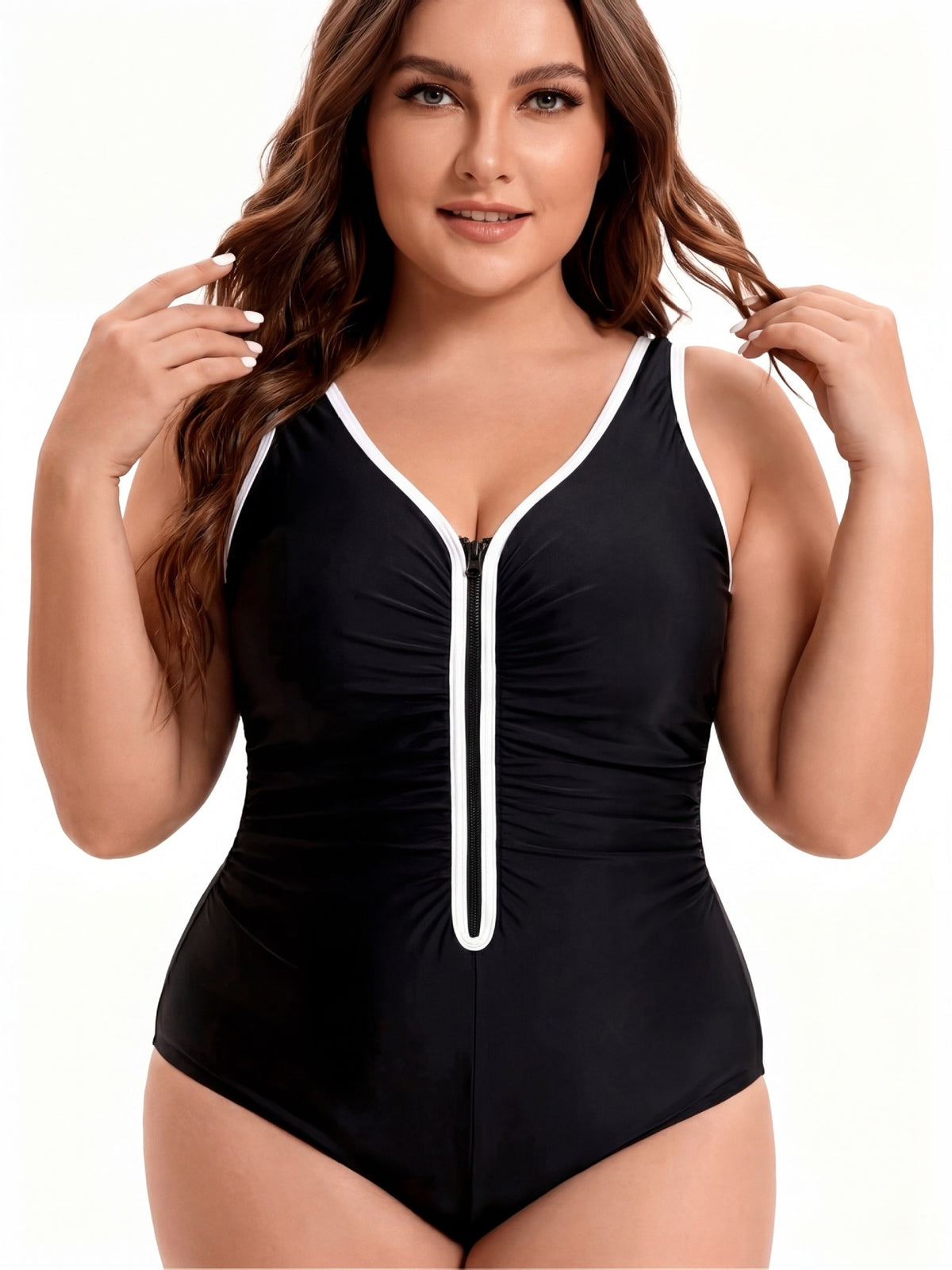 Dam Helbaddräkt Plus Size – Färgblockering Ränder Framglidlås Magdöljande Slimmande Nylon XL–5XL Badkläder Dam 2026