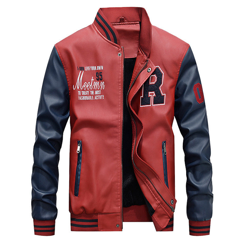 Herrjacka PU-Läder Fleece Baseball Bomber Lös Passform Motorcykel för Herr 2026