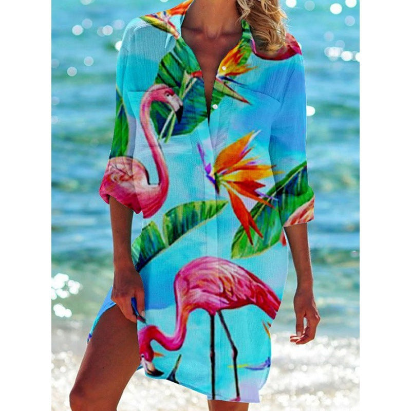 New Foreign Trade Cross-Border Model, Long-Sleeved Swimsuit Shirt, Women's Clothing, Printed Vacation Beachwear