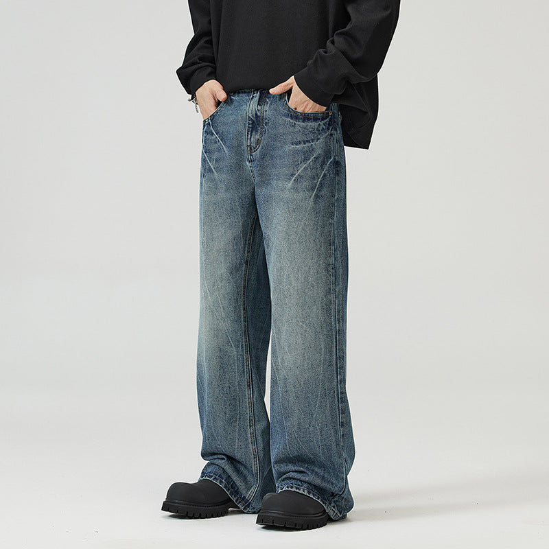 Herrjeans Micro-Flared Straight Leg Streetwear American Vibe Vintageblå Svart för Herr 2026
