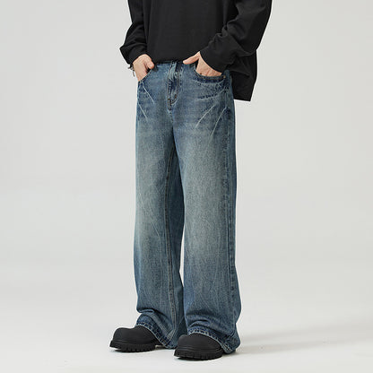 Herrjeans Micro-Flared Straight Leg Streetwear American Vibe Vintageblå Svart för Herr 2026