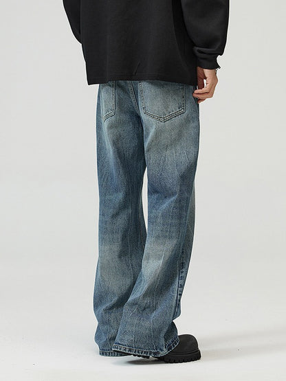 Herrjeans Micro-Flared Straight Leg Streetwear American Vibe Vintageblå Svart för Herr 2026