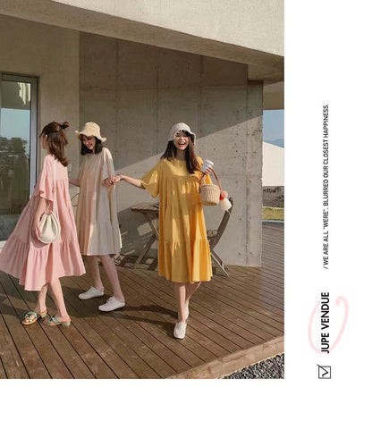 Mammaklänning Sommar Dam – Volang Prinsessskuren Midi Koreansk Stil Cartoon Trekvartsärm 3 Färger M–3XL 2026