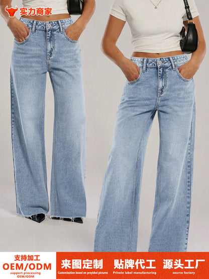 Damjeans Loose Straight Rosett-broderi Fickor Casual Blå för Dam 2026