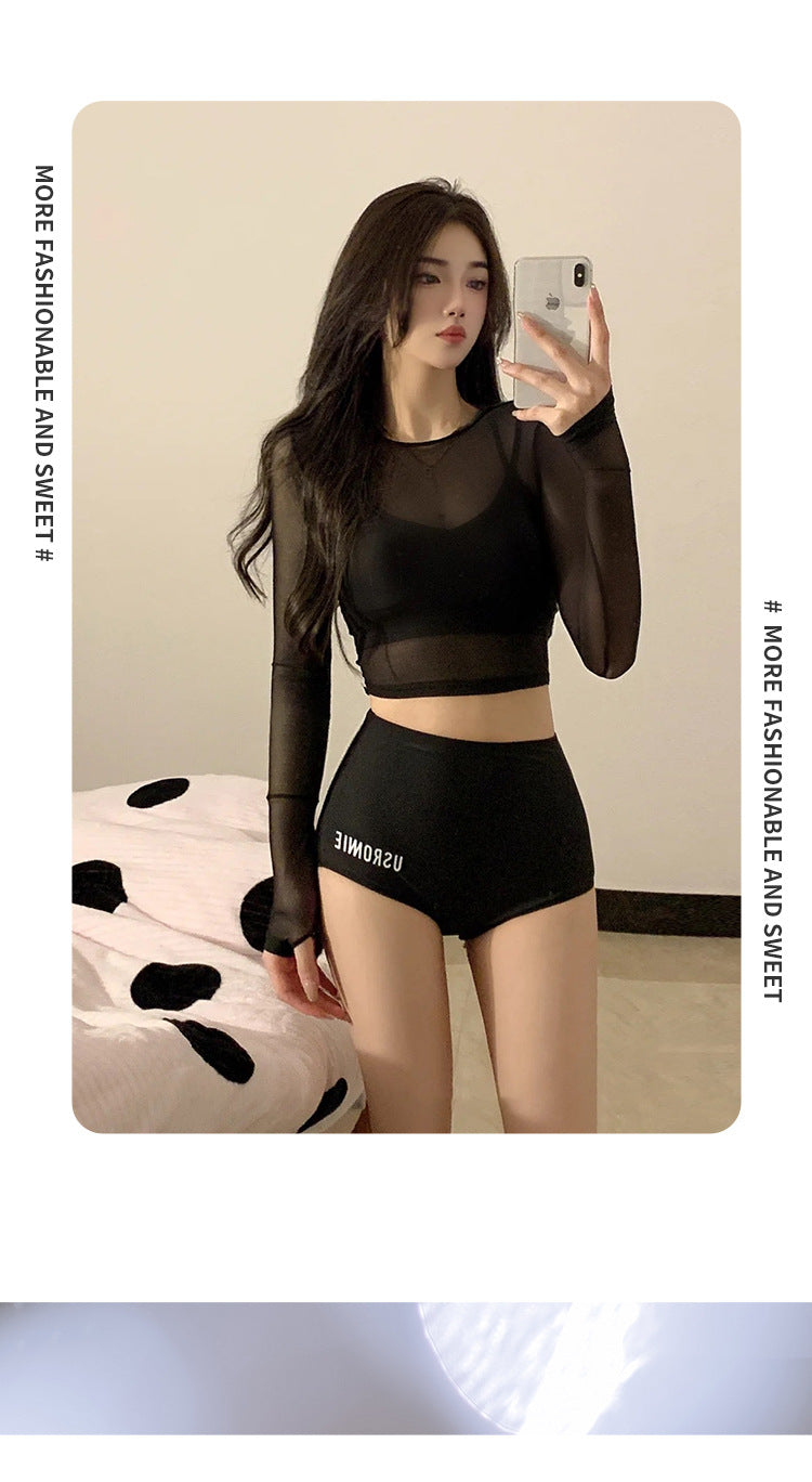 Dam Tre-delat Badset Långärm – Slimmande Bukdöljande Koreansk Fairy-stil Svart S–XL Badkläder Dam 9035 2026