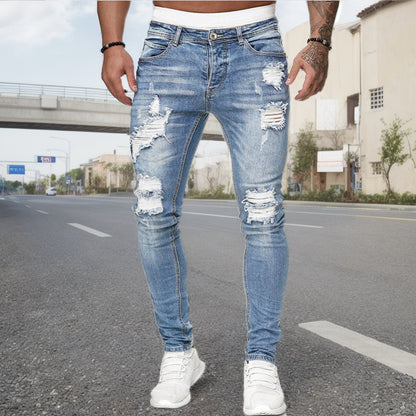 Streetwear Jeans med Hål Herr – Slim Fit Tvättad Denim Skinny 6 Färger S–3XL 2026