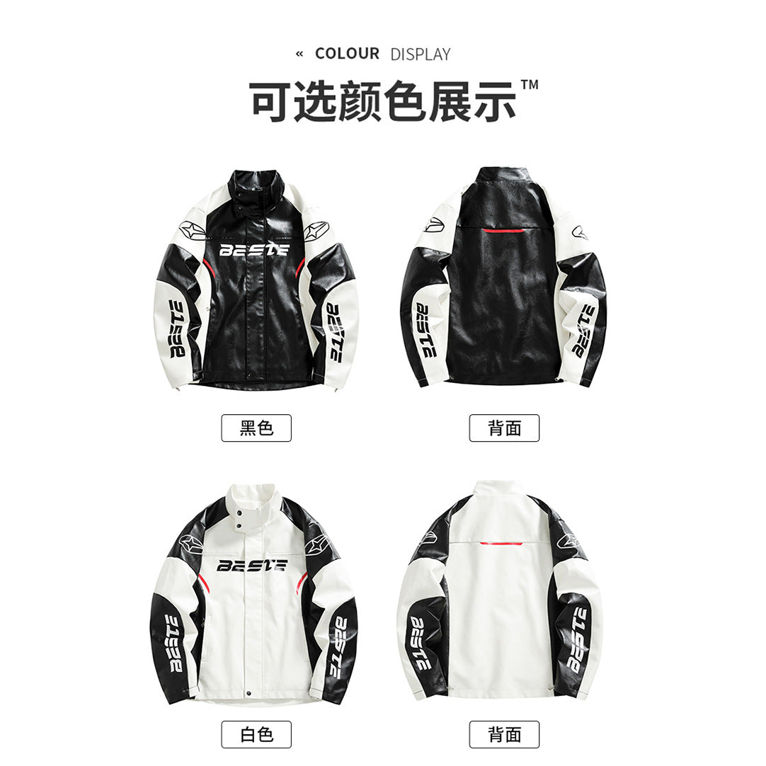 Herrjacka PU-Läder Motorcykel Racing American Style Loose Fit Vit Svart för Herr 2026