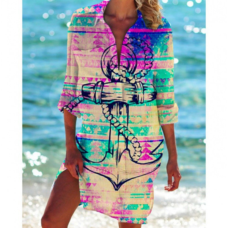 New Foreign Trade Cross-Border Model, Long-Sleeved Swimsuit Shirt, Women's Clothing, Printed Vacation Beachwear