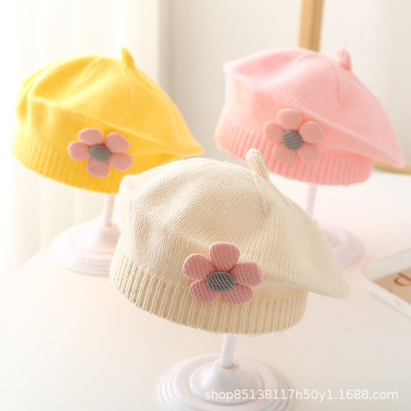 Babyberet med Blomdekor – Lammull Stickad Prinsessstil 17 Färger Unisex 3–48 Mån Höst Vinter 2026
