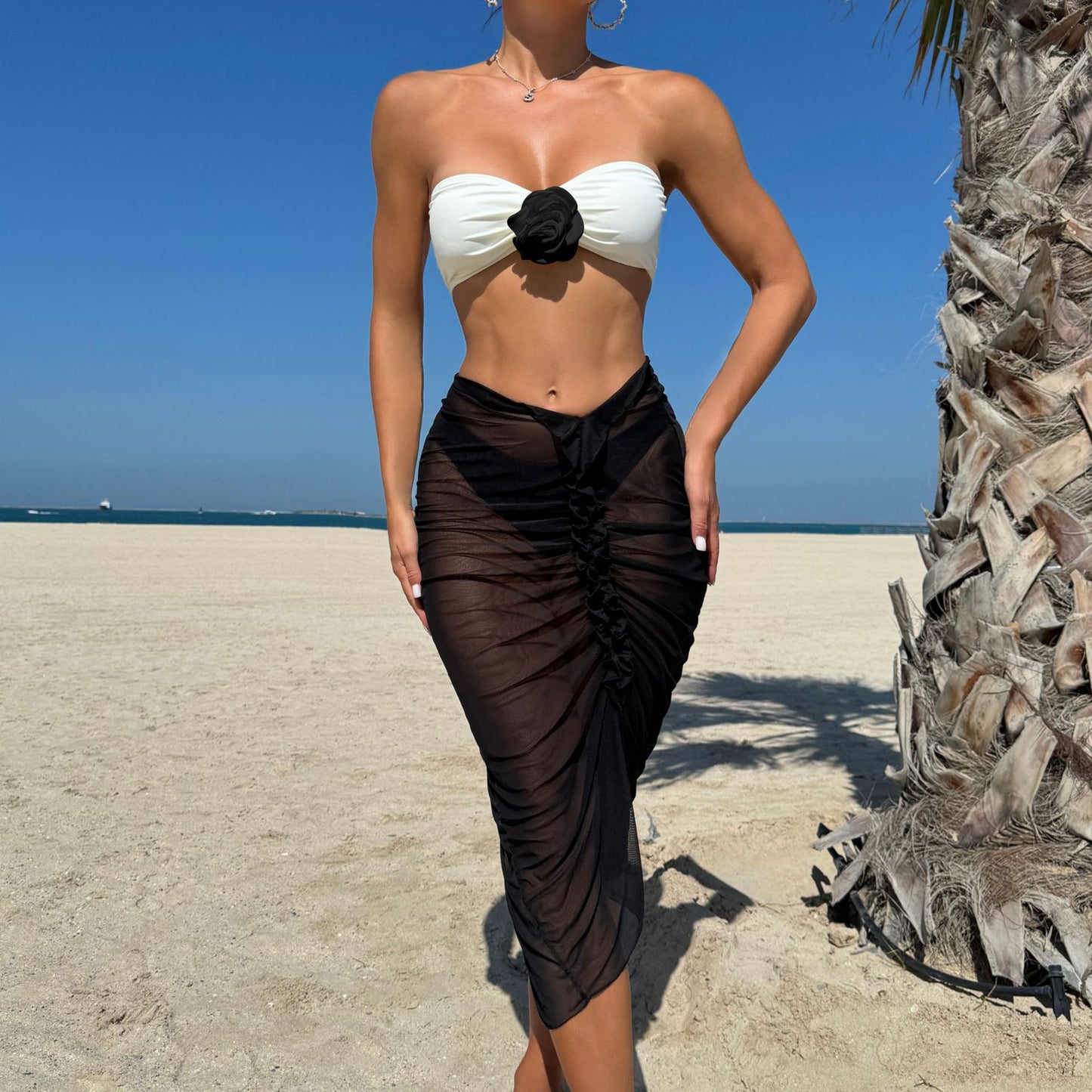 2025 European and American Color Matching Sexy New Rose Three-Piece Mesh Long Skirt Swimsuit Swimsuit Bikini Bikini