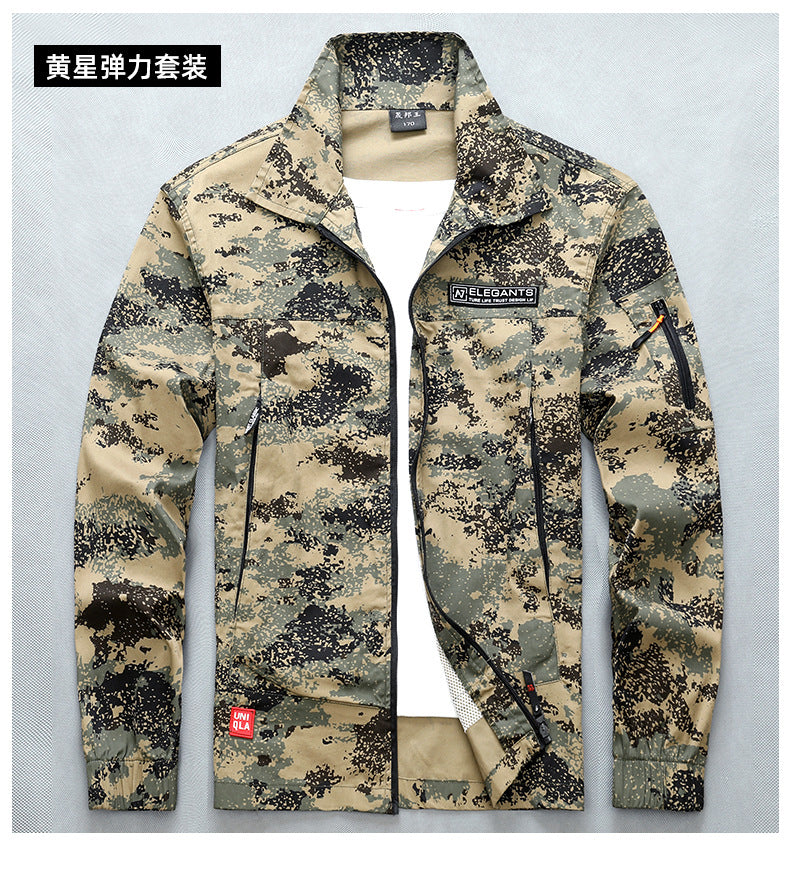 Summer Thin Labor Protection Work Clothes Set Anti-scald Pure Cotton Stretch Construction Site Electric Welding Auto Repair Camouflage Clothes Shirt