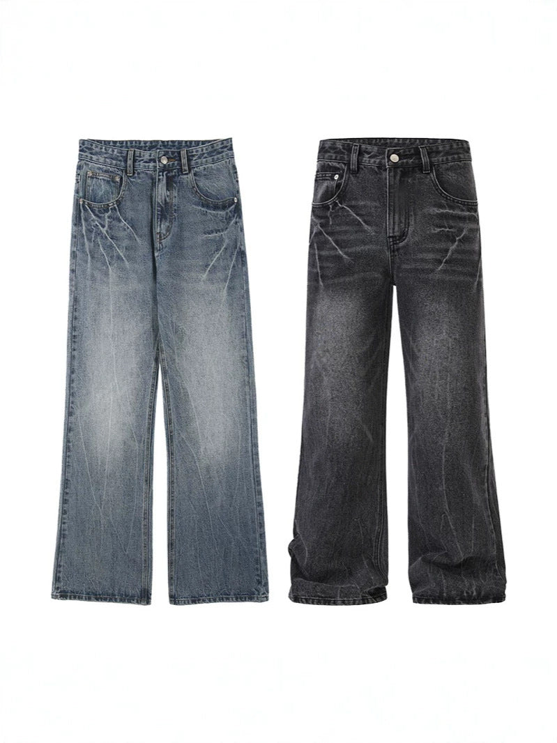 Herrjeans Micro-Flared Straight Leg Streetwear American Vibe Vintageblå Svart för Herr 2026