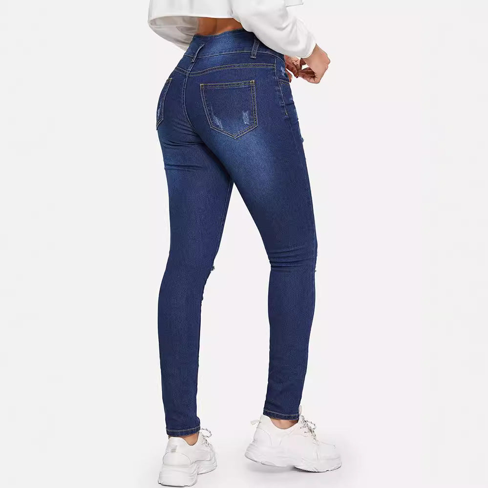 Damjeans Ripped Hög Midja – Skinny Pencil Mörkblå Tvättad Denim S–3XL 2026