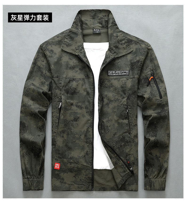 Summer Thin Labor Protection Work Clothes Set Anti-scald Pure Cotton Stretch Construction Site Electric Welding Auto Repair Camouflage Clothes Shirt
