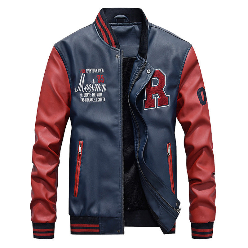 Herrjacka PU-Läder Fleece Baseball Bomber Lös Passform Motorcykel för Herr 2026