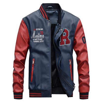 Herrjacka PU-Läder Fleece Baseball Bomber Lös Passform Motorcykel för Herr 2026