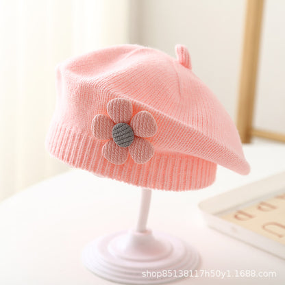 Babyberet med Blomdekor – Lammull Stickad Prinsessstil 17 Färger Unisex 3–48 Mån Höst Vinter 2026