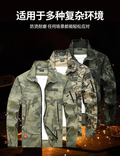 Summer Thin Labor Protection Work Clothes Set Anti-scald Pure Cotton Stretch Construction Site Electric Welding Auto Repair Camouflage Clothes Shirt