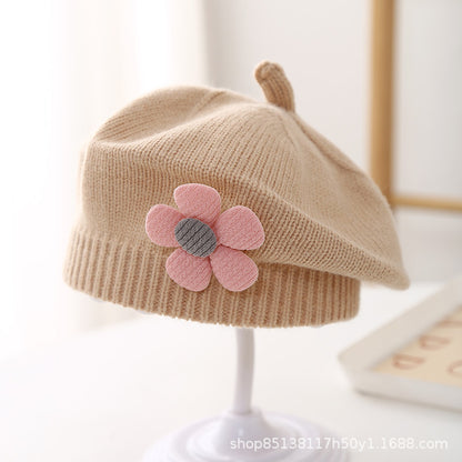 Babyberet med Blomdekor – Lammull Stickad Prinsessstil 17 Färger Unisex 3–48 Mån Höst Vinter 2026