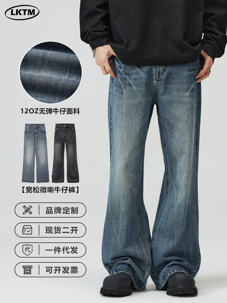Herrjeans Micro-Flared Straight Leg Streetwear American Vibe Vintageblå Svart för Herr 2026