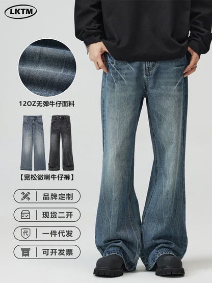 Herrjeans Micro-Flared Straight Leg Streetwear American Vibe Vintageblå Svart för Herr 2026
