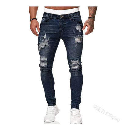 Streetwear Jeans med Hål Herr – Slim Fit Tvättad Denim Skinny 6 Färger S–3XL 2026