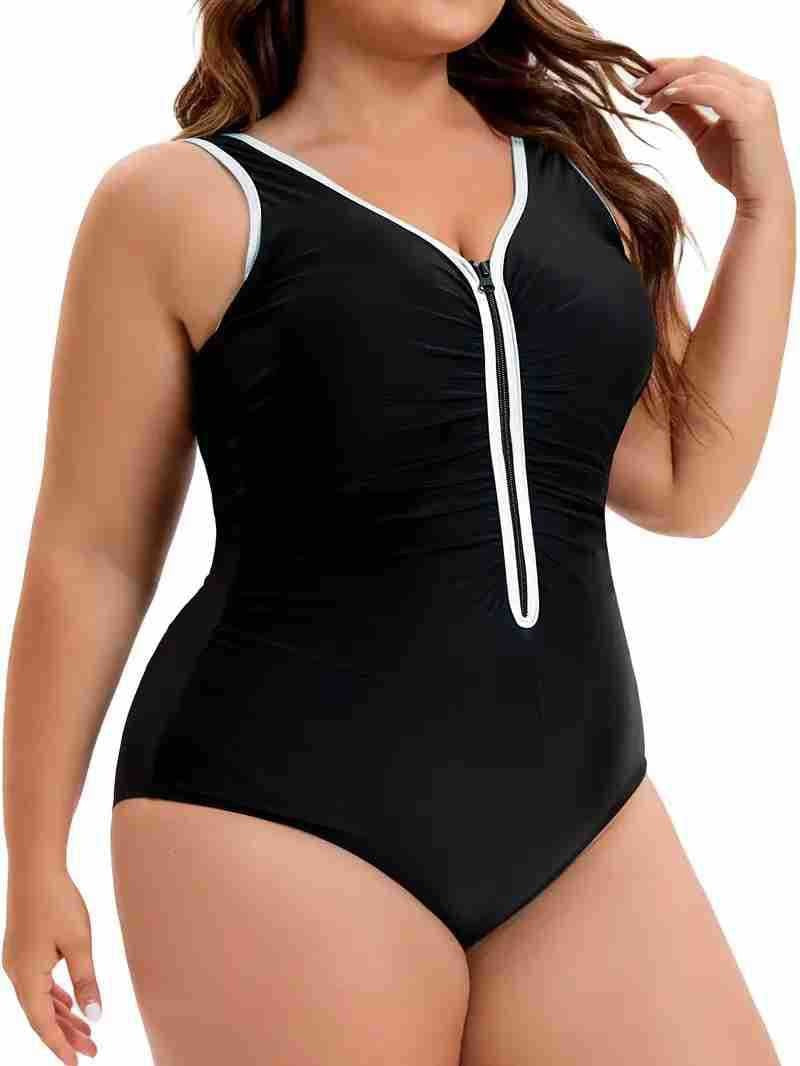 Dam Helbaddräkt Plus Size – Färgblockering Ränder Framglidlås Magdöljande Slimmande Nylon XL–5XL Badkläder Dam 2026