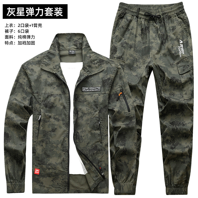 Summer Thin Labor Protection Work Clothes Set Anti-scald Pure Cotton Stretch Construction Site Electric Welding Auto Repair Camouflage Clothes Shirt