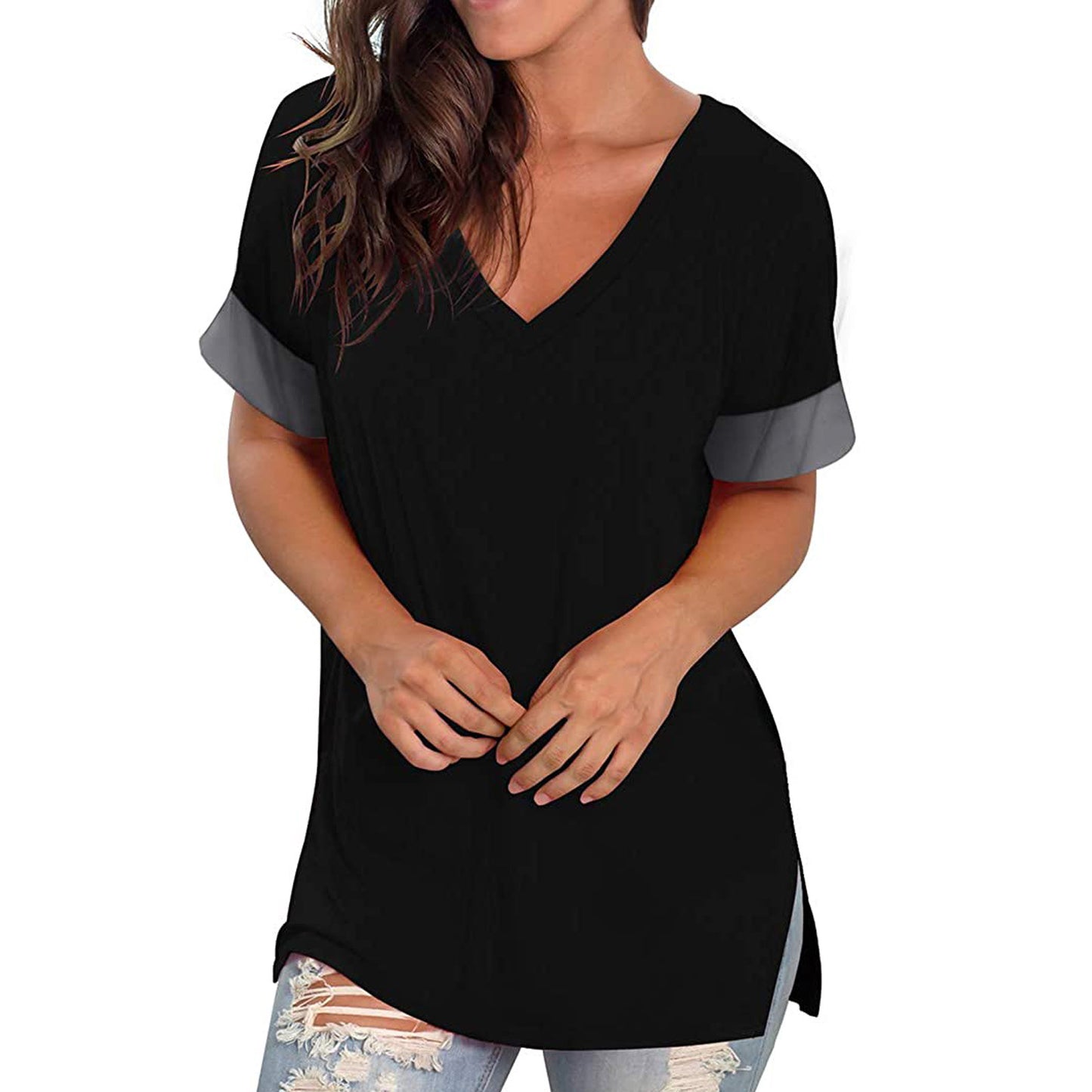 2024 Europe and the United States spring and summer cross-border new women's base shirt solid color V-neck short-sleeve stitchin