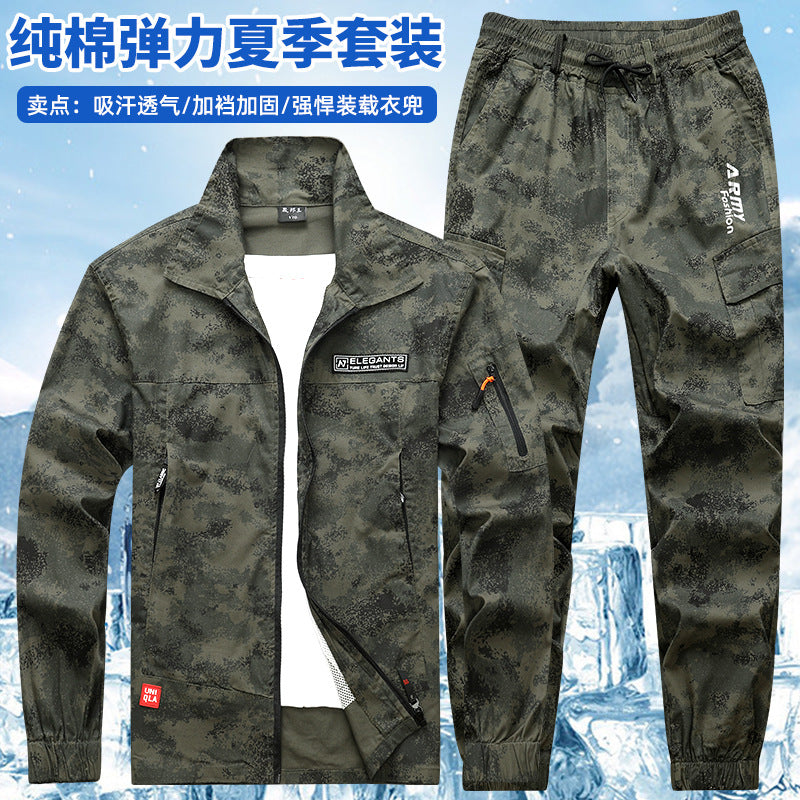 Summer Thin Labor Protection Work Clothes Set Anti-scald Pure Cotton Stretch Construction Site Electric Welding Auto Repair Camouflage Clothes Shirt