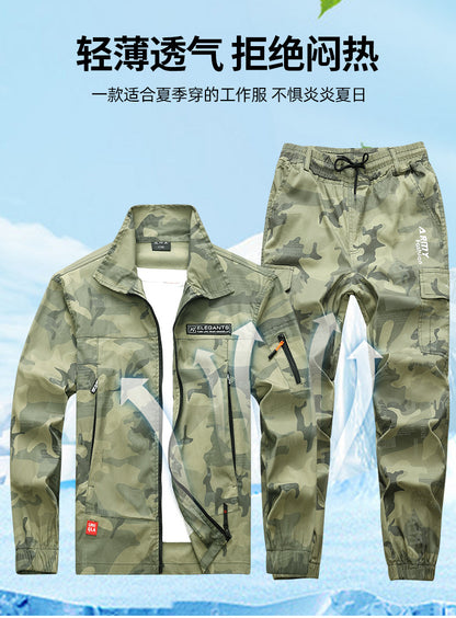 Summer Thin Labor Protection Work Clothes Set Anti-scald Pure Cotton Stretch Construction Site Electric Welding Auto Repair Camouflage Clothes Shirt
