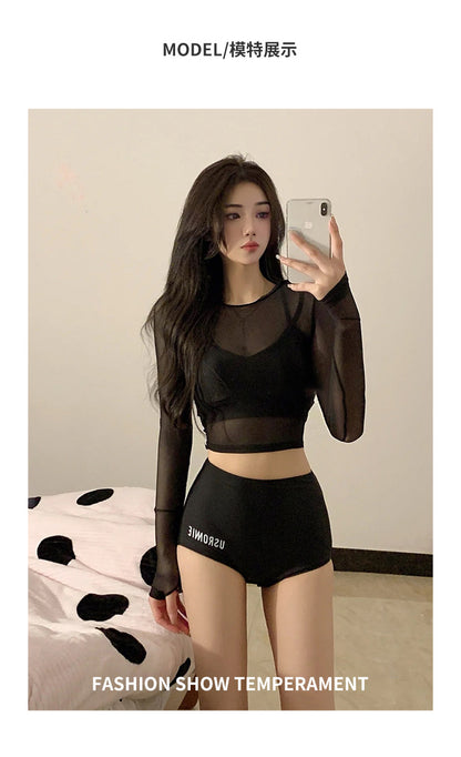 Dam Tre-delat Badset Långärm – Slimmande Bukdöljande Koreansk Fairy-stil Svart S–XL Badkläder Dam 9035 2026
