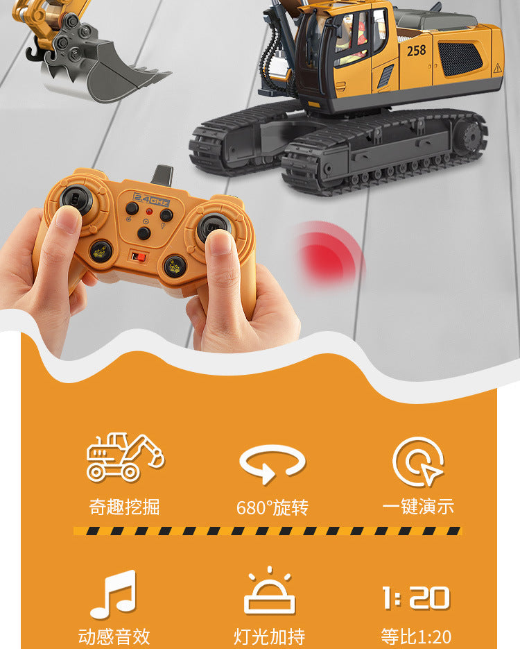 Cross-border 11-way children's electric toy lighting and sound effects engineering vehicle 1:20 crawler alloy remote control excavator model