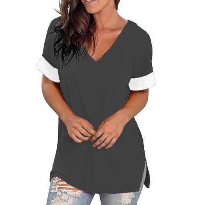 2024 Europe and the United States spring and summer cross-border new women's base shirt solid color V-neck short-sleeve stitchin