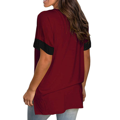 2024 Europe and the United States spring and summer cross-border new women's base shirt solid color V-neck short-sleeve stitchin