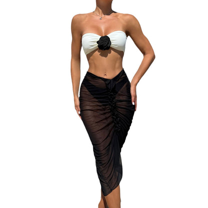 2025 European and American Color Matching Sexy New Rose Three-Piece Mesh Long Skirt Swimsuit Swimsuit Bikini Bikini