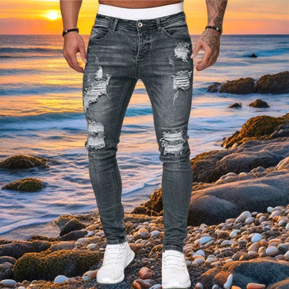 Streetwear Jeans med Hål Herr – Slim Fit Tvättad Denim Skinny 6 Färger S–3XL 2026
