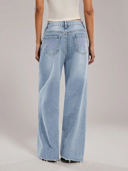 Damjeans Loose Straight Rosett-broderi Fickor Casual Blå för Dam 2026
