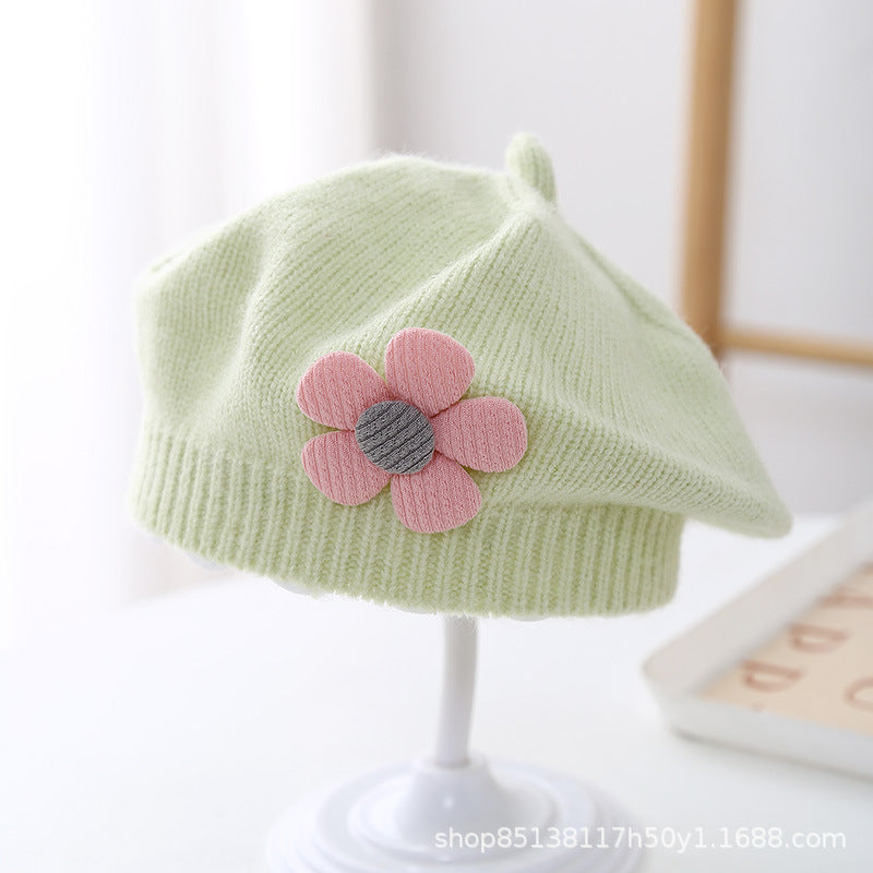 Babyberet med Blomdekor – Lammull Stickad Prinsessstil 17 Färger Unisex 3–48 Mån Höst Vinter 2026