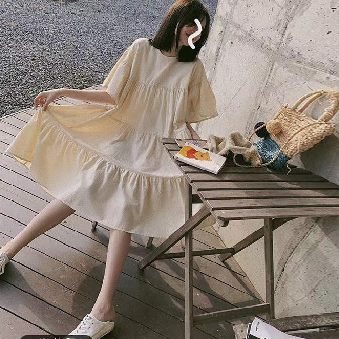 Mammaklänning Sommar Dam – Volang Prinsessskuren Midi Koreansk Stil Cartoon Trekvartsärm 3 Färger M–3XL 2026