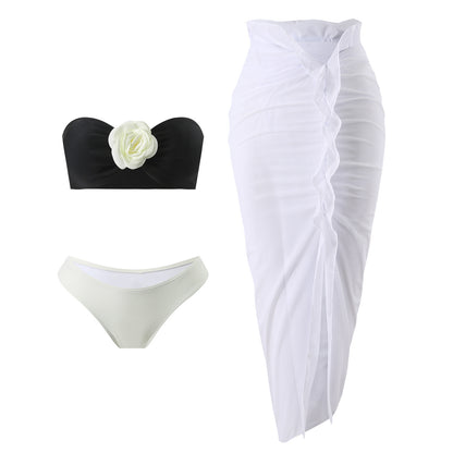 2025 European and American Color Matching Sexy New Rose Three-Piece Mesh Long Skirt Swimsuit Swimsuit Bikini Bikini