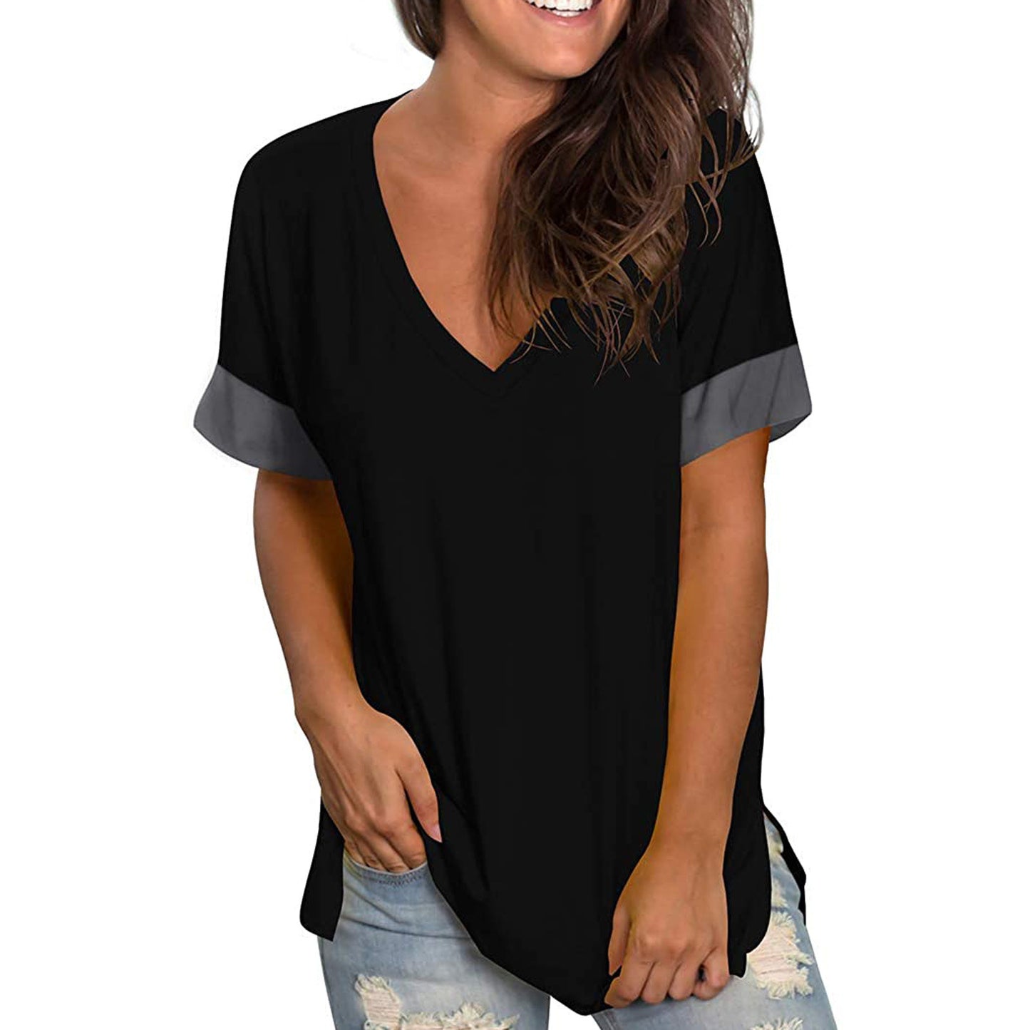 2024 Europe and the United States spring and summer cross-border new women's base shirt solid color V-neck short-sleeve stitchin