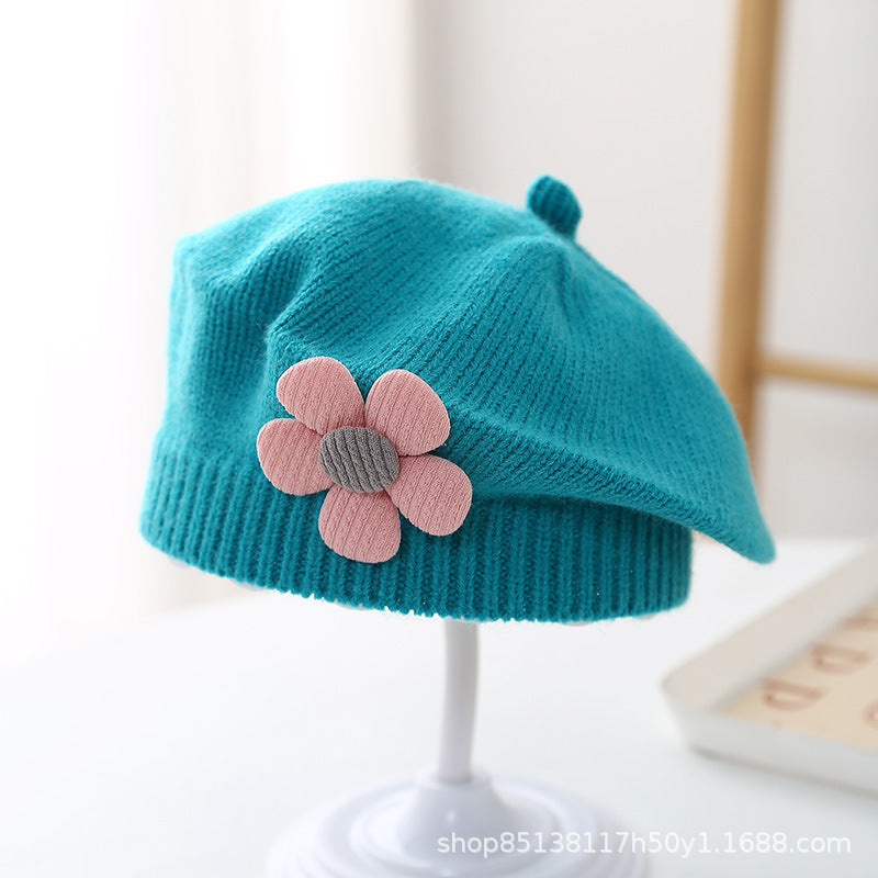 Babyberet med Blomdekor – Lammull Stickad Prinsessstil 17 Färger Unisex 3–48 Mån Höst Vinter 2026