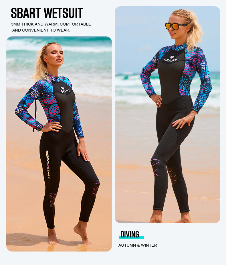 Womens 3mm Neoprene Long Sleeves Wetsuit One-piece Diving Suit Back Zip for Scuba Diving Snorkeling Surfing Swim Spearfishing