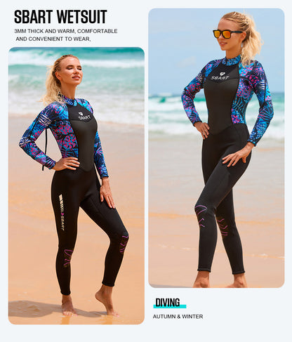 Womens 3mm Neoprene Long Sleeves Wetsuit One-piece Diving Suit Back Zip for Scuba Diving Snorkeling Surfing Swim Spearfishing
