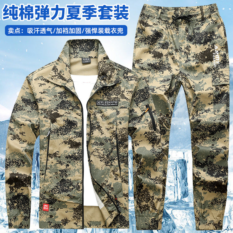 Summer Thin Labor Protection Work Clothes Set Anti-scald Pure Cotton Stretch Construction Site Electric Welding Auto Repair Camouflage Clothes Shirt