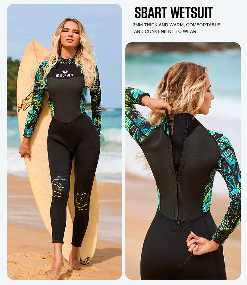 Womens 3mm Neoprene Long Sleeves Wetsuit One-piece Diving Suit Back Zip for Scuba Diving Snorkeling Surfing Swim Spearfishing