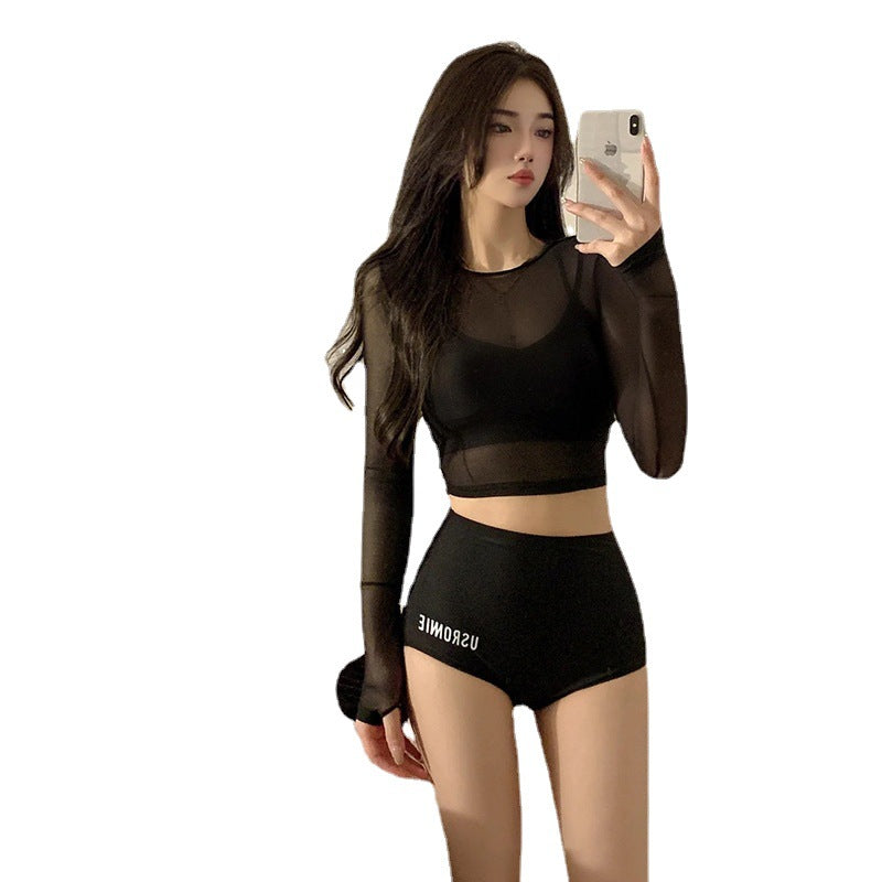 Dam Tre-delat Badset Långärm – Slimmande Bukdöljande Koreansk Fairy-stil Svart S–XL Badkläder Dam 9035 2026